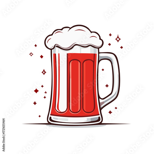 Stylized Red Beer Mug with White Foam and Sparkling Accents