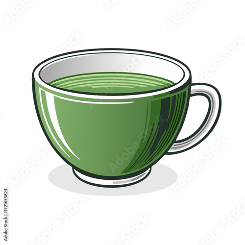 A vibrant green ceramic teacup filled with hot matcha green tea in a stylized vector illustration.