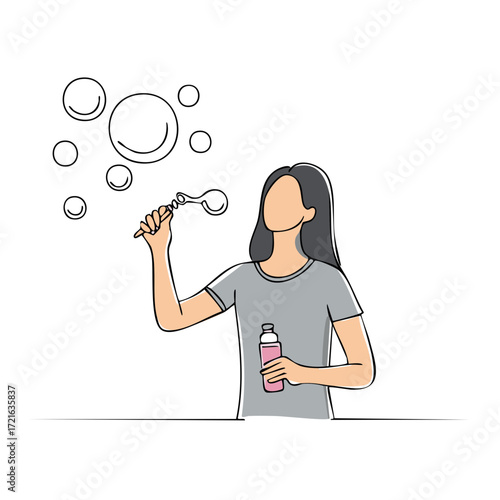 Person blowing soap bubbles with a wand and bottle, simple line art illustration