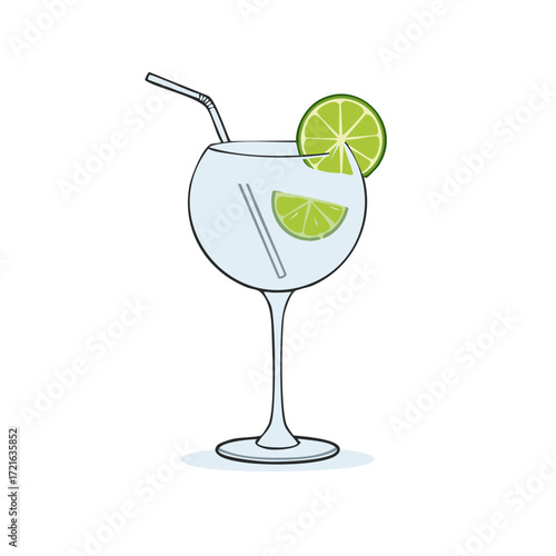 Hand drawn cocktail drink with lime slice and straw illustration vector.
