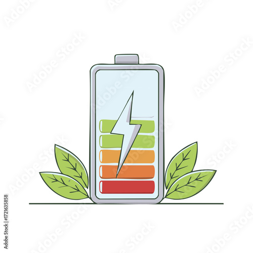 Stylized Battery Icon with Charge Levels and Lightning Bolt Symbol, Surrounded by Green Leaves, Illustrating Energy and Sustainability