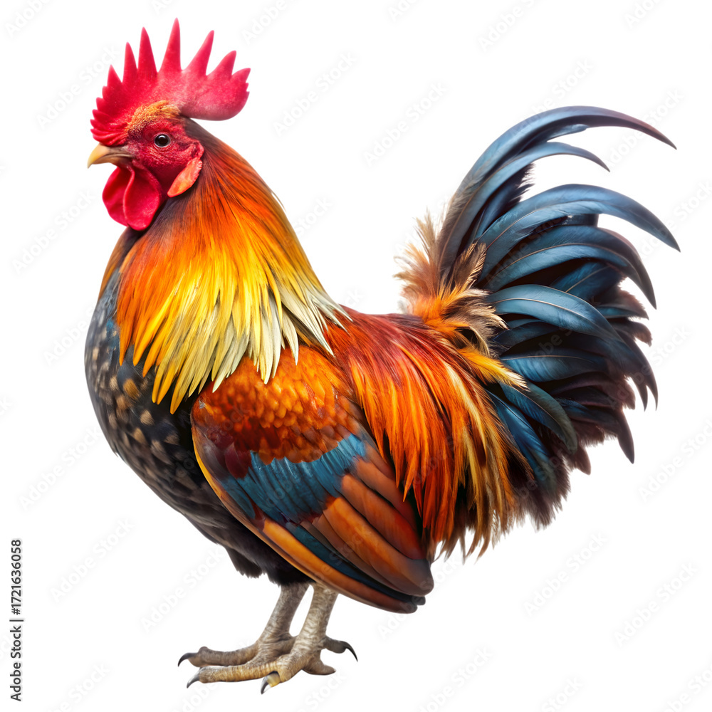 Fototapeta premium A vibrant rooster with colorful plumage isolated on transparent background