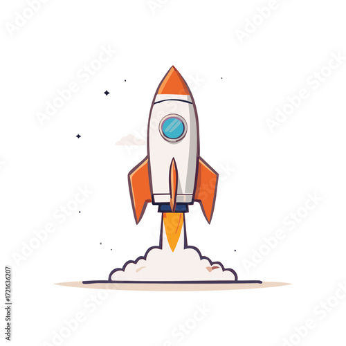Cartoon Rocket Ship Launching into Space with Flames and Smoke Clouds