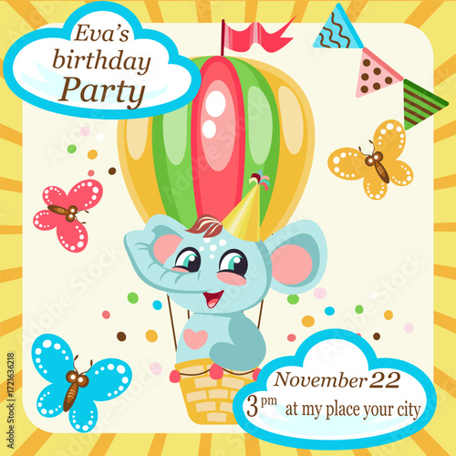 Kids birthday party invitation template with cute baby elephant on a hot air balloon vector image