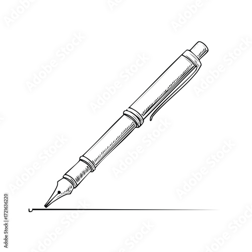 Drawn fountain pen writing single line black ink on white background hand drawn artistic illustration