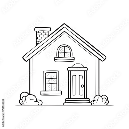 Cozy little house line art drawing with chimney and bushes perfect for family home concepts