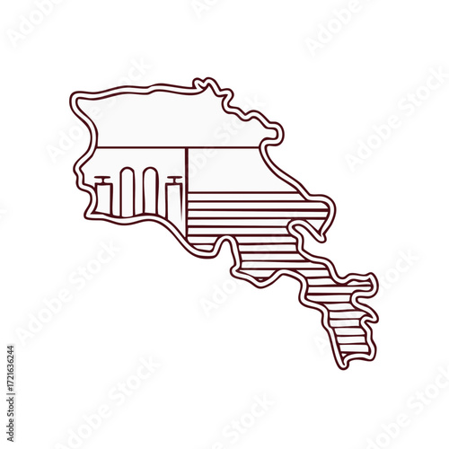 Stylized Outline Map of Armenia with Cultural Symbols in Brown