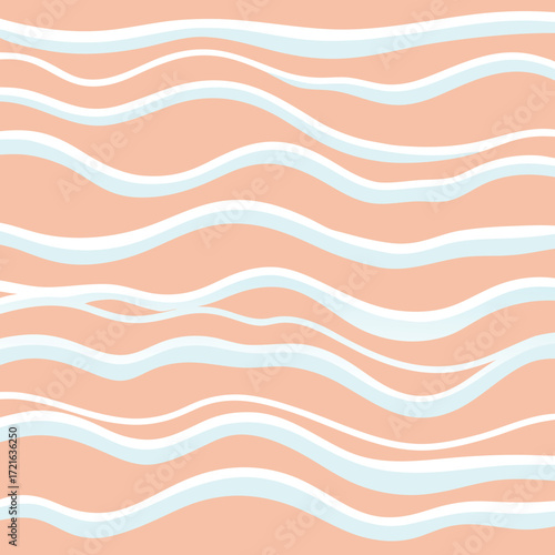 Soft Peach Background with Repeating Light Blue Wavy Lines abstract pattern