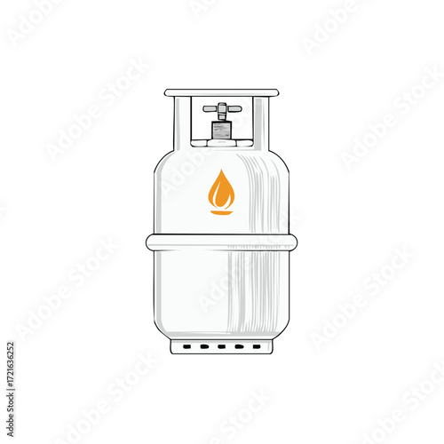 Cartoon style gas tank illustration with an orange flame emblem.