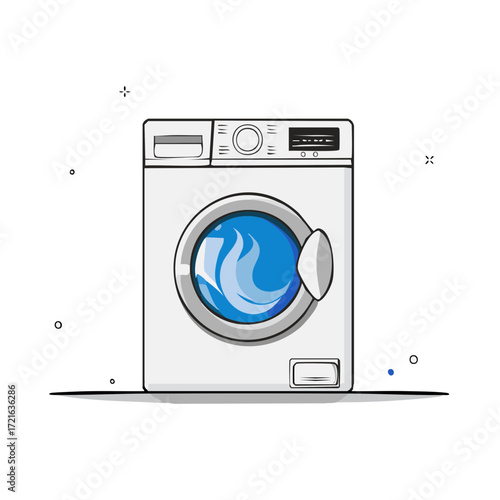 White front loading washing machine illustration with blue water inside drum