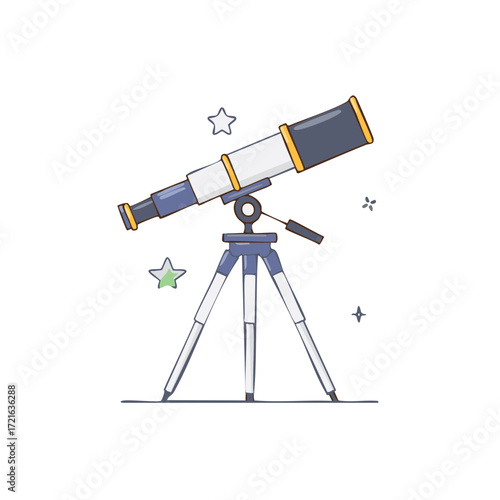 Colorful cartoon telescope on a tripod observing the starry night sky science illustration
