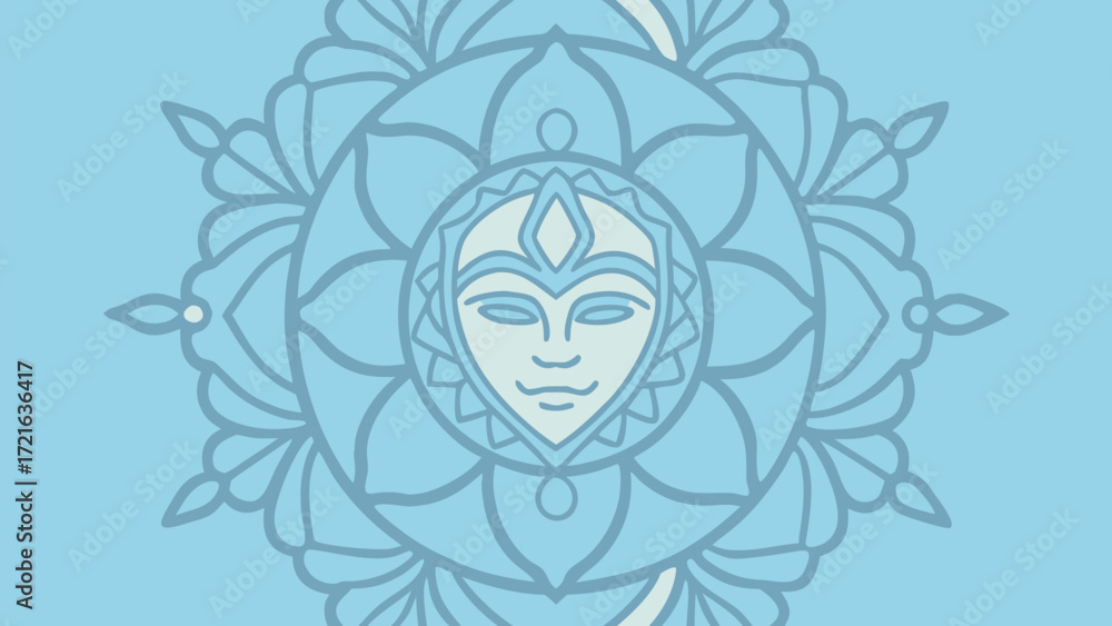 Fototapeta premium Stylized Blue Mandala With Face In Center On Light Blue Background Keywords: mandala, face, head, human, mask, symmetrical, circular, pattern, design, art, illustration, graphic, blue, light blue