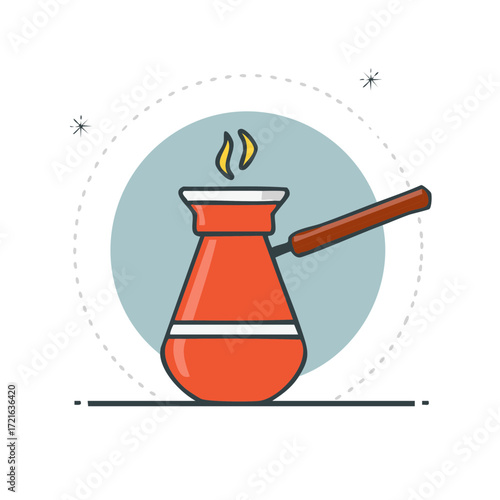 Illustration of a traditional coffee pot, steam rising, set on a light blue circle with stars and dotted line.