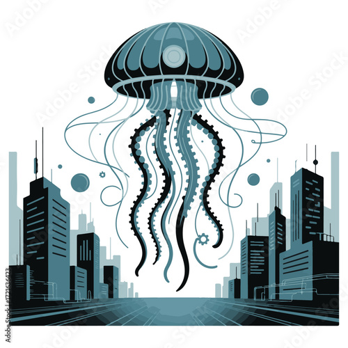 Giant jellyfish floating above a futuristic city skyline, symbolizing surrealism and urban fantasy, isolated on white background technology background