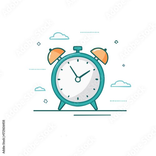 Retro alarm clock illustration with clouds and abstract shapes
