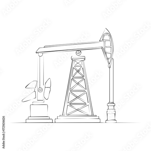 Oil derrick outline illustration with industrial pump jack, tower, and associated structures.