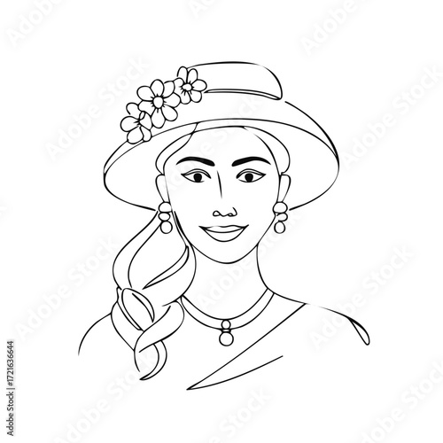 Elegant Woman in Wide-Brimmed Hat with Flowers and Jewelry