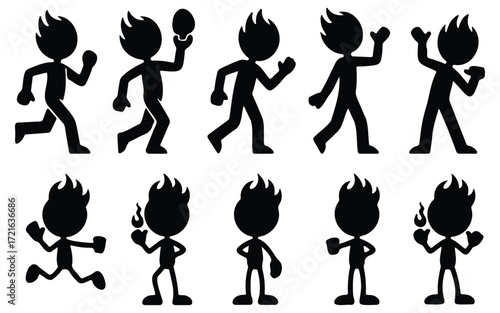 Silhouette figures in various poses, running, holding egg, carrying flame, standing, waving, black vector illustration, human movement and activity symbols, athletic and ceremonial design elements
