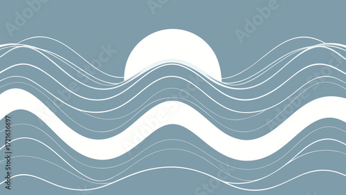 Stylized Ocean Waves with a Setting Sun in Minimalist Blue and White water