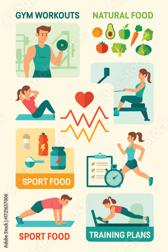 Vibrant collage showing gym workouts, natural foods, and training plans. Highlights fitness routines, healthy eating, heart-rate visuals, and sport activities for athletes and wellness enthusiasts.