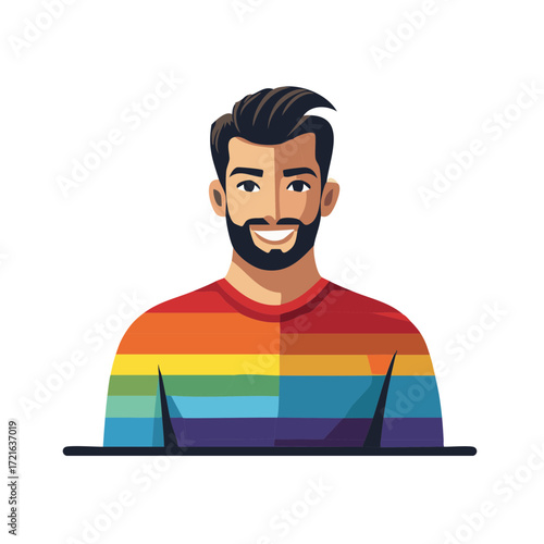 Smiling handsome man wearing a rainbow LGBTQ pride flag shirt vector illustration