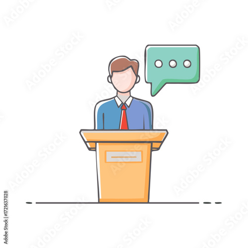 Professional speaker at a podium delivering a public address illustration with chat bubble icon
