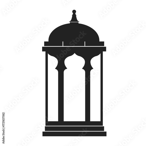 Black ornate Islamic lantern silhouette with dome and arched openings.