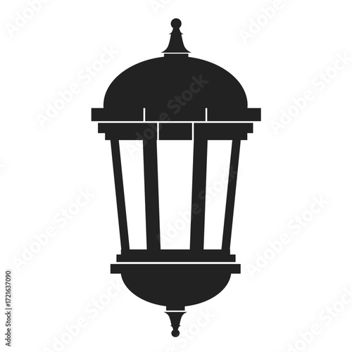 Black silhouette of a classic outdoor lantern with a domed top finial and vertical bars.