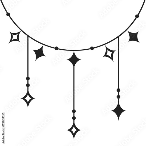 Elegant black garland with hanging star and diamond shaped charms and beads.