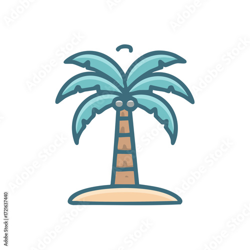 Simple cartoon palm tree on sandy island with blue leaves