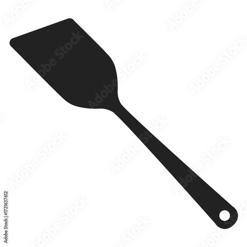 Sleek black kitchen spatula silhouette with wide head long handle and hanging hole design.