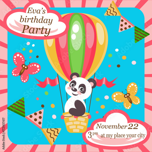 Kids birthday party invitation template with panda on hot air balloon vector image