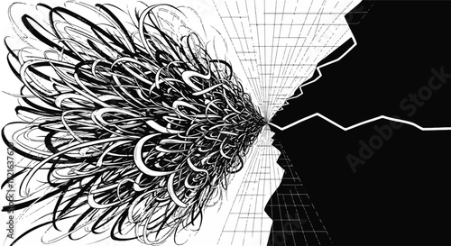 Abstract concept of communication, thought, or noise emanating from a profile silhouette with swirling lines and a digital grid.