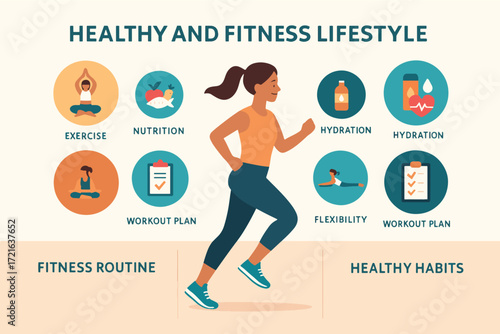 Infographic design of fitness and wellness lifestyle featuring runner, exercise, nutrition, hydration, flexibility, and workout planning—ideal for health, sports, and wellness concepts.
