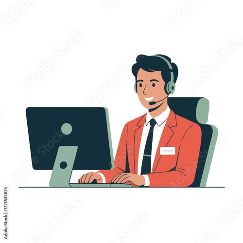 Male customer service representative with headset and microphone working on computer, isolated on white background technology background