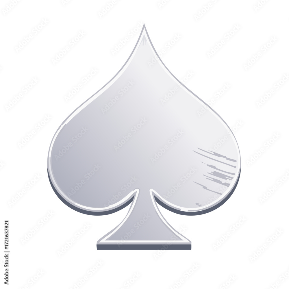 Fototapeta premium Stylized silver spade playing card suit icon with a metallic and scratched texture