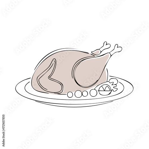 Festive Roasted Turkey on Platter, Prepared for Thanksgiving Dinner or Holiday Feast in Line Art Style Illustration