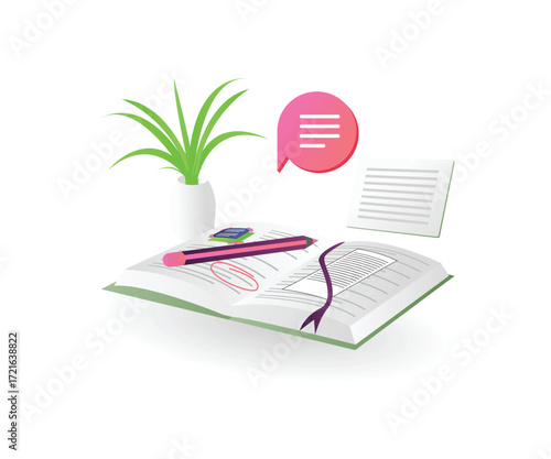 Illustration of Open Book with Pencil and Plant