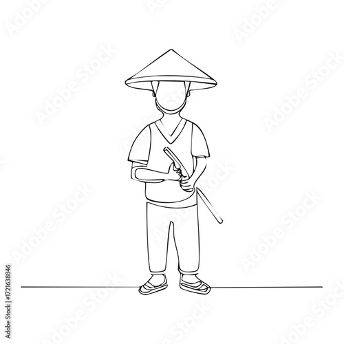 Asian Man with Conical Hat Holding a Sword One Line Drawing Illustration