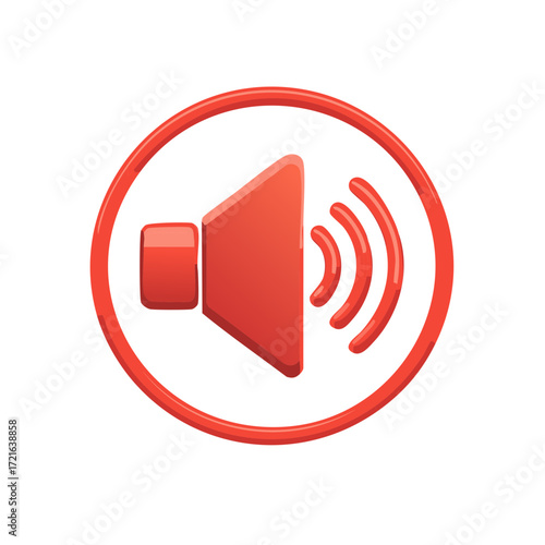 Red audio speaker icon within a circular frame isolated on white background