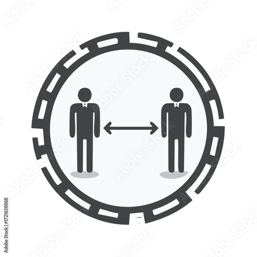 Social distancing icon with figures separated by arrow and virus border