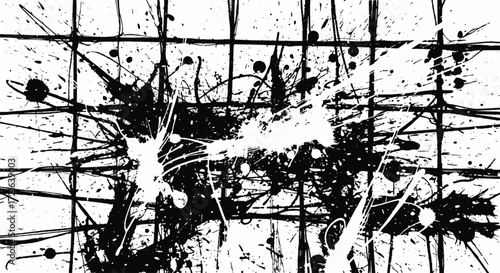 Dynamic abstract black and white ink splatter texture with grid pattern, grunge background for modern graphic design, art, and overlay.