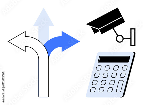 Directional arrows for choices, surveillance camera for monitoring, and calculator for analysis. Ideal for decision-making, security, analytics, business strategy, financial planning, monitoring