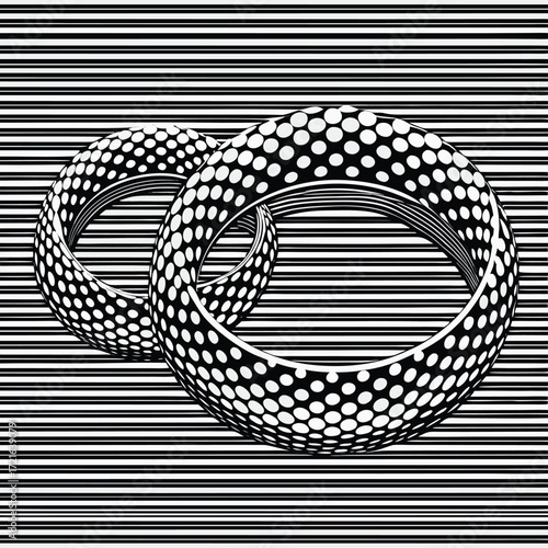 Two Interlocking Torus Shapes with White Dots on Striped Background abstract black
