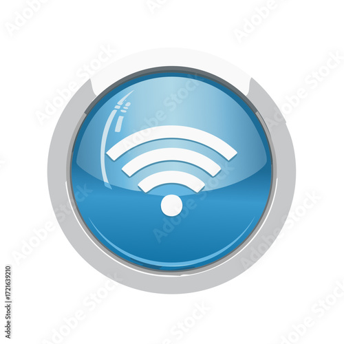 Shiny blue circular button with a white Wi-Fi signal icon inside