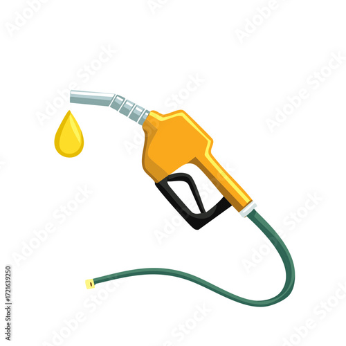 Cartoon yellow gas pump nozzle with a fuel droplet symbolizing energy cost and petroleum