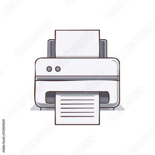 Office printer machine printing a paper document. Simple flat style vector icon illustration.