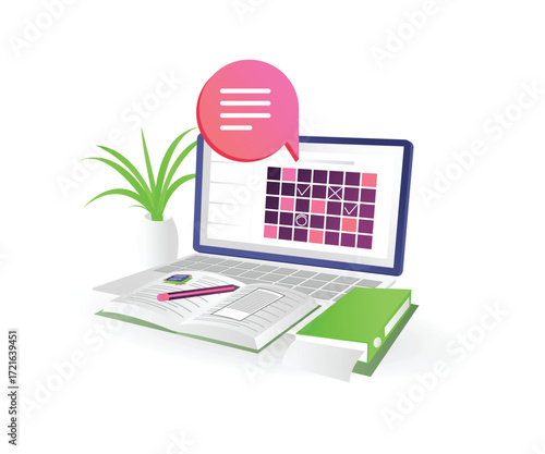 Illustration of Laptop with Calendar and book