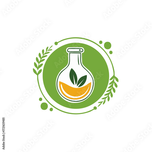 Organic laboratory flask with green leaves and yellow liquid symbolizing natural science and research