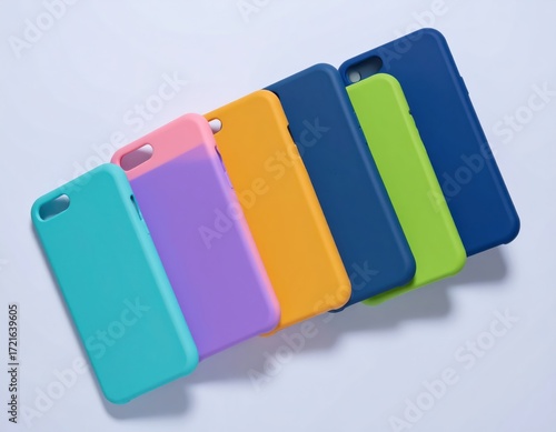 Colorful silicone phone cases arranged diagonally on a white background
